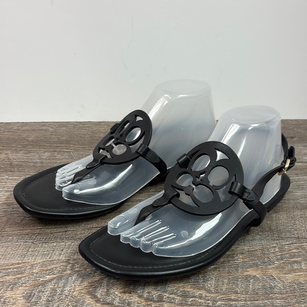 Coach Jaci Black Leather Thong Sandals Size 9B Signature Logo Sandals